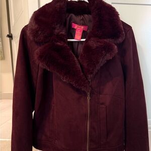 Women's Faux Fur Collar faux suede Jacket - Burgundy